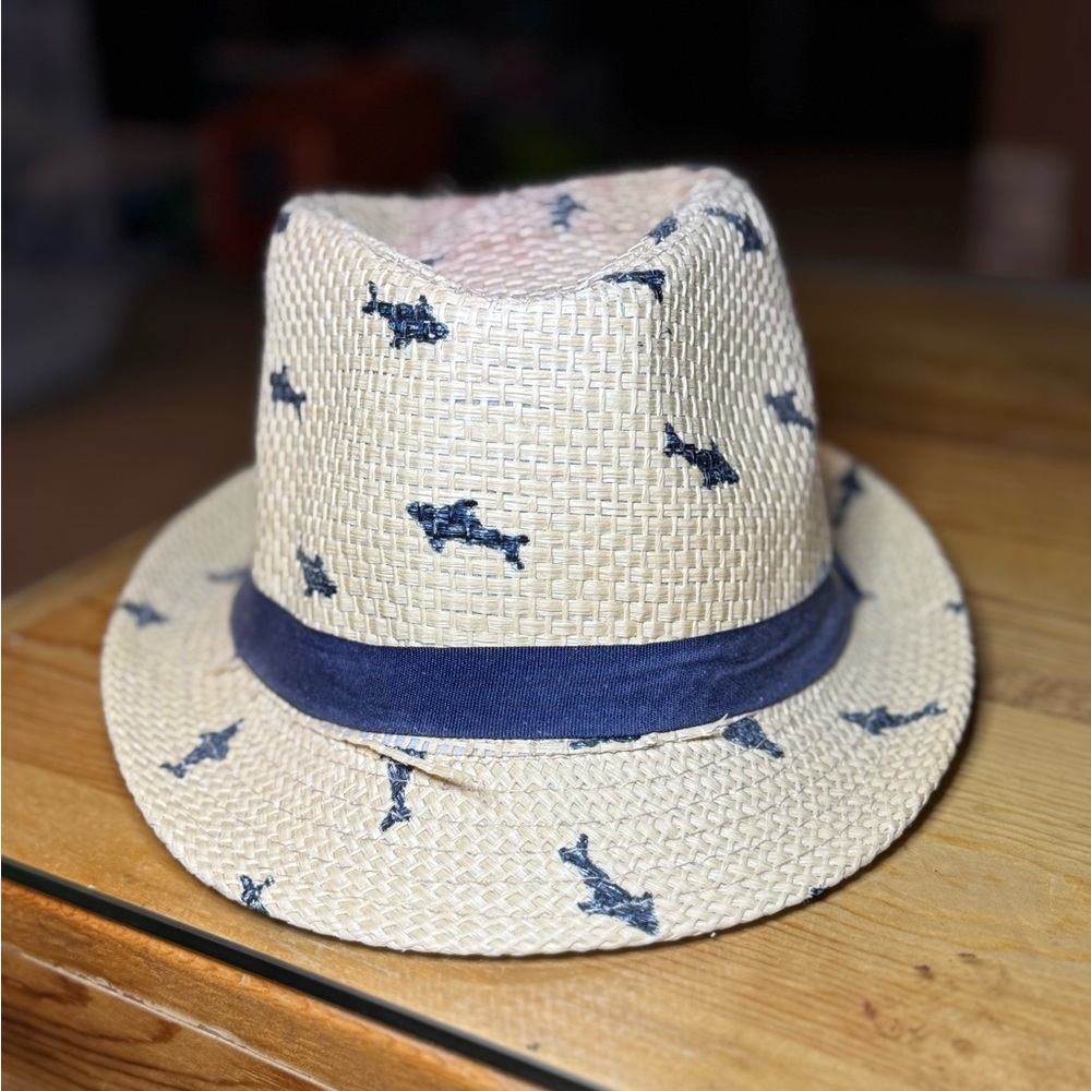 Cream and Blue Fedora Hat with Shark Pattern